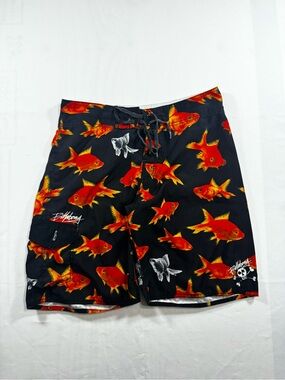 Billabong Black Swim Shorts with Red-Orange Goldfish Print
